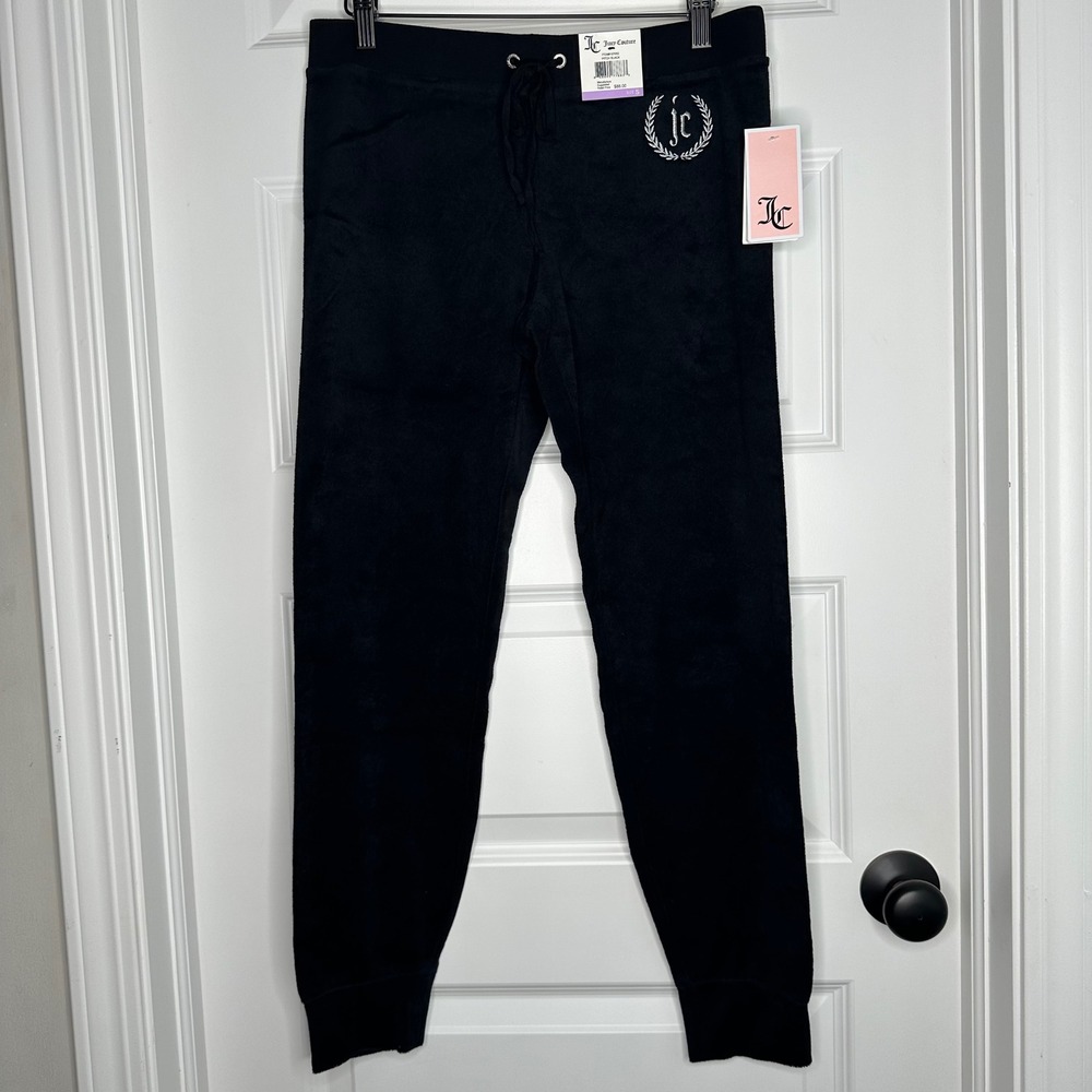 Juicy Couture Black Terry Joggers NWT JC Crest Y2K Lounge Sz S Embroidered Logo